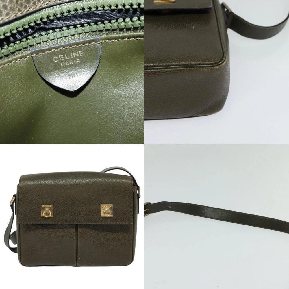 CELINE Shoulder Bag Leather Khaki Gold Auth KD335 - Picture 12 of 14